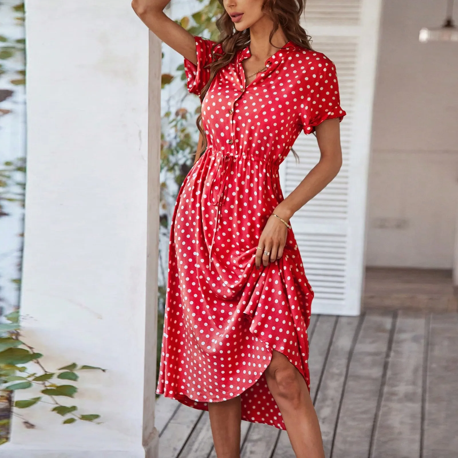 Women'S Button Printed Maxi Dress Drawstring Waist V-Neck Elegant Slim Casual Long Dress Summer Club Party Prom Dress