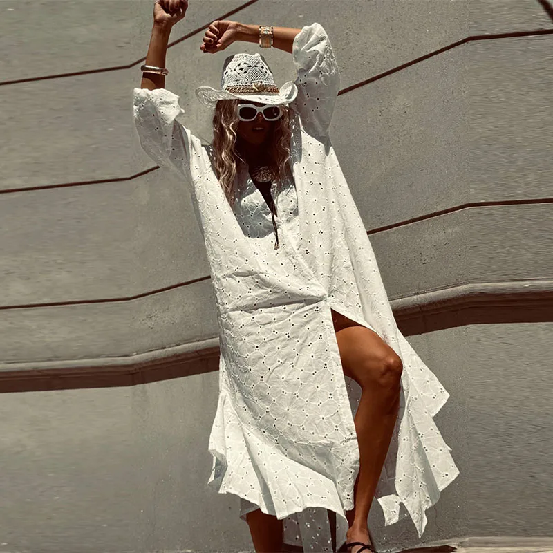 Weißes Unregelmäßiges Ausgeschnittenes Partykleid Frühling Sommer Neues Langärmliges Loses Kleid Elegantes Damen-Revers-Knopfkleid Festliches Maxikleid