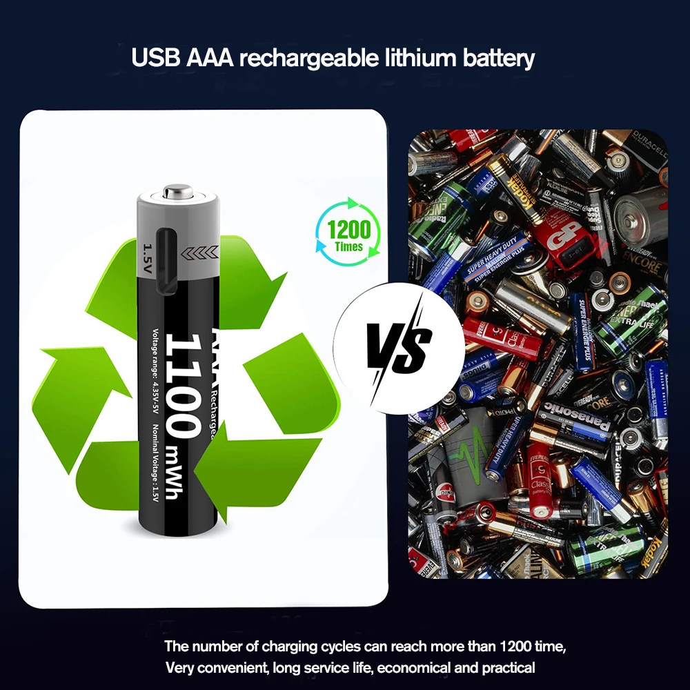 MATOV USB Li-ion AAA Rechargeable Battery Aaa 1.5V 1100mWh Lithium Batteries with 4-in-1 USB Cable for Toys Camera Flashlight