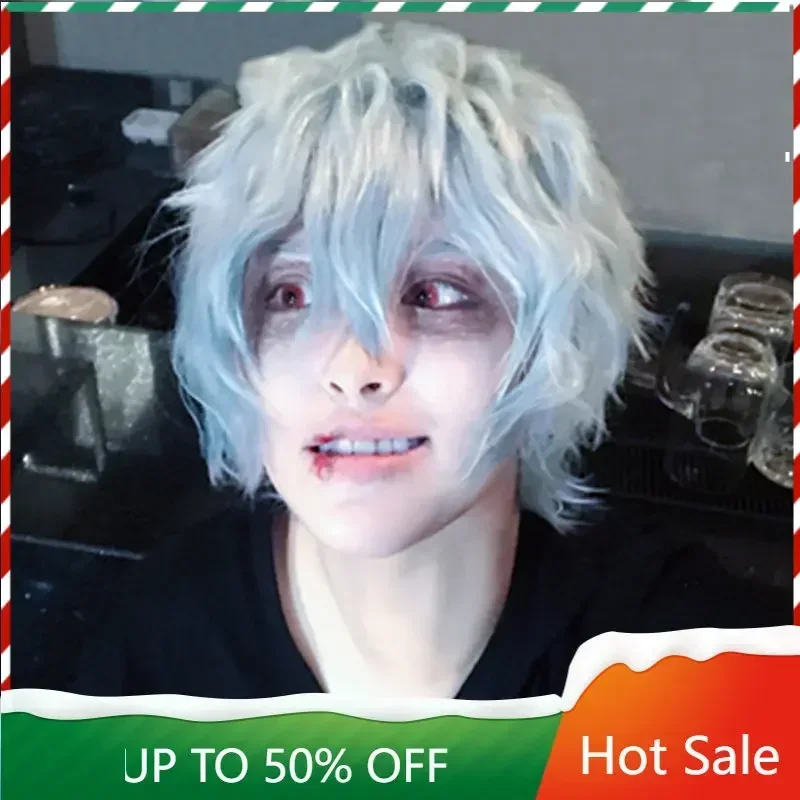 Anime My Hero Academia Boku no Hiro Akademia Shigaraki Tomura Wigs Short Gray Blue Mixed Curly Cosplay Wig + Wig Cap