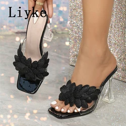 Liyke Strange Style Clear High Heels Transparent Slippers For Women Street Sexy Rhinestone Square Toe Party Dress Shoes Sandals