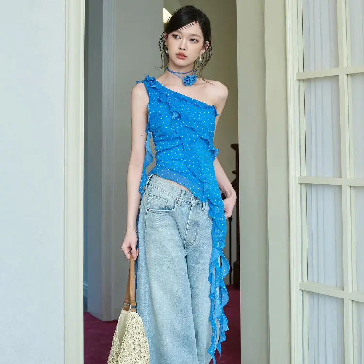 

French Glacier Blue Off-shoulder Polka Dot Chiffon Blouse with Irregular Ribbons and Ruffled Straps New Women's Top