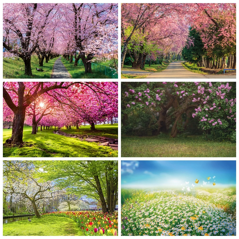 Spring Nature Scenery Backdrop Bloomy Flower Park Trees Birthday Party Wedding Photography Background Banner Photo Studio Props