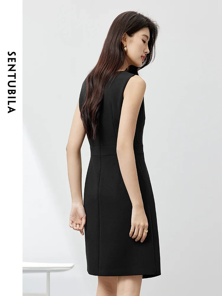 SENTUBILA Asymmetrical Fitted Black Dress for Women 2024 Elegant V Neck Unlined A-line Sleeveless Tank Dress Summer 142L54294