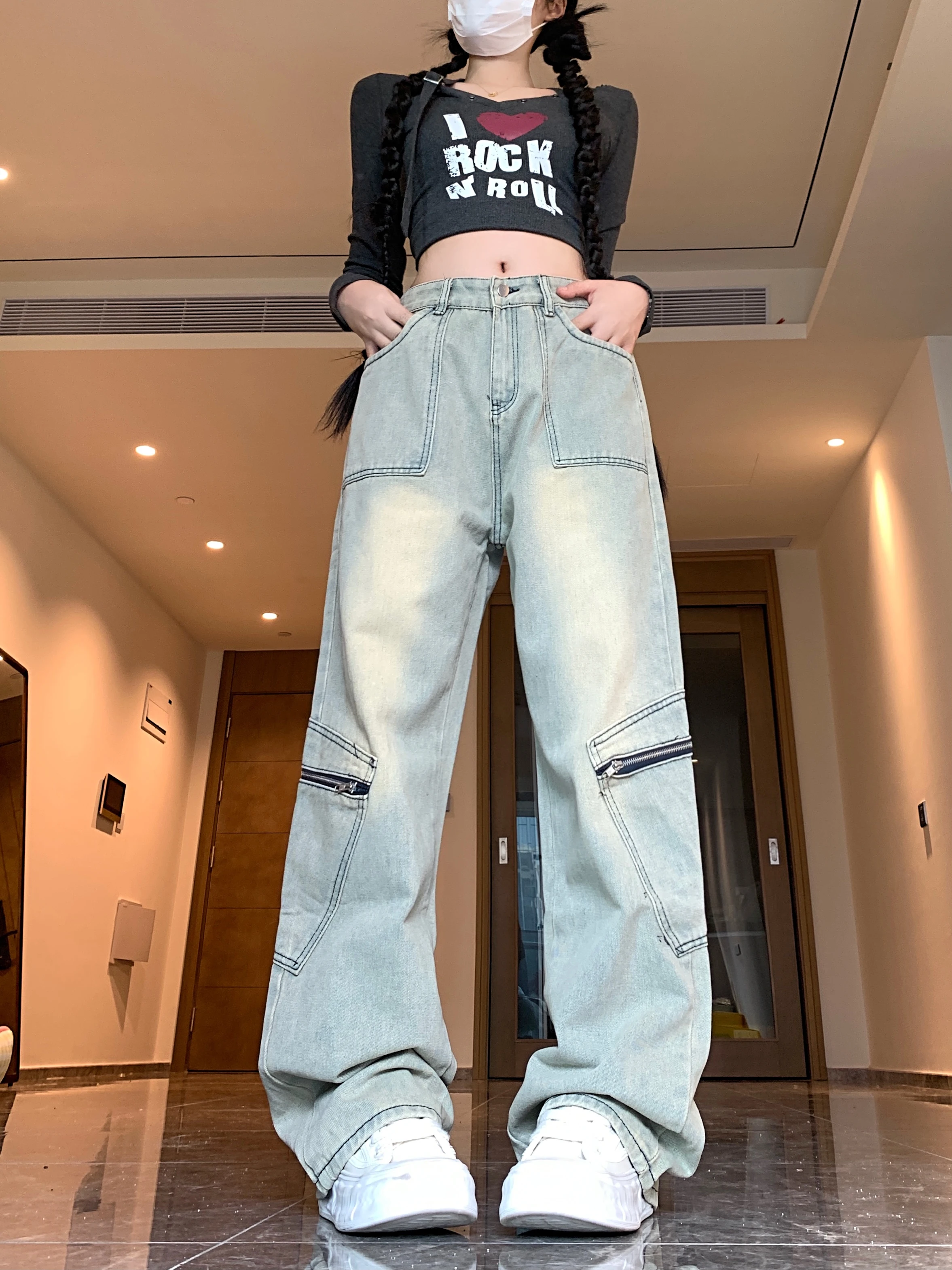 

Retro Straight Washed Distressed Overalls High Waist Slim Jeans Women's Long Pants