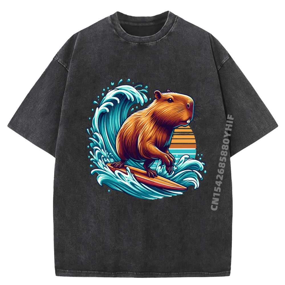 

Capybara Surfer Wave Surfing Cute Woman Classic Tees Graphic Cotton Printed Men T-shirt Family Tops Vintage Washed Shirt