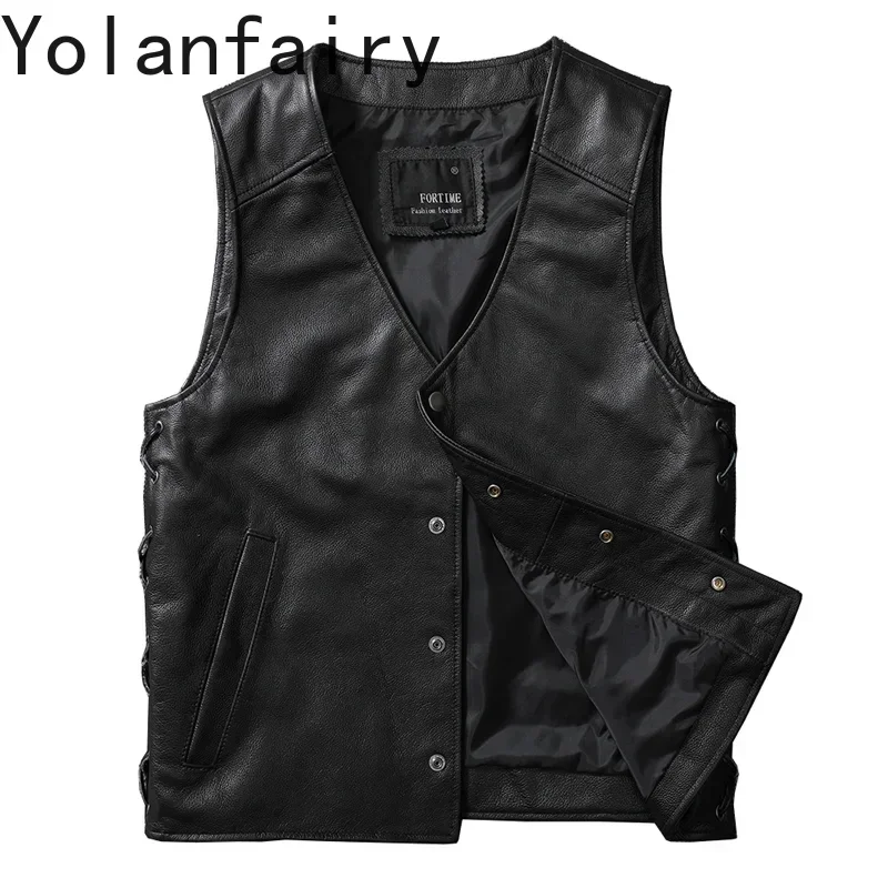 YOLANFAIRY Motorcycle Vest Men Natural Leather Jacket Male Pure Top Layer Real Cowhide Biker Coat Cycling Suit Trendy Clothing