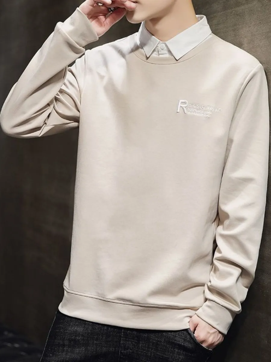 

Мужская свободная толстовка с воротником-стойкой, имитация двухслойности, модный базовый слой, весна-осень, приталенный крой, яркие детали, свитшот