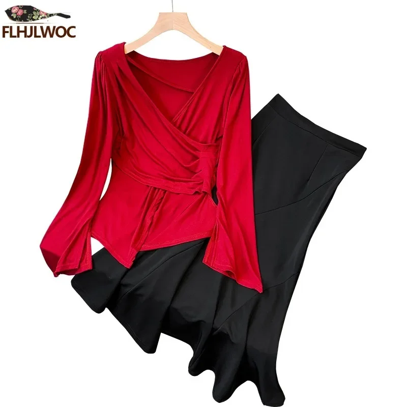 New Year Red Tops Elegant Women Fashion French Design Office Lady Basic Wear Outfits Solid Sexy V Neck Tops Blouses