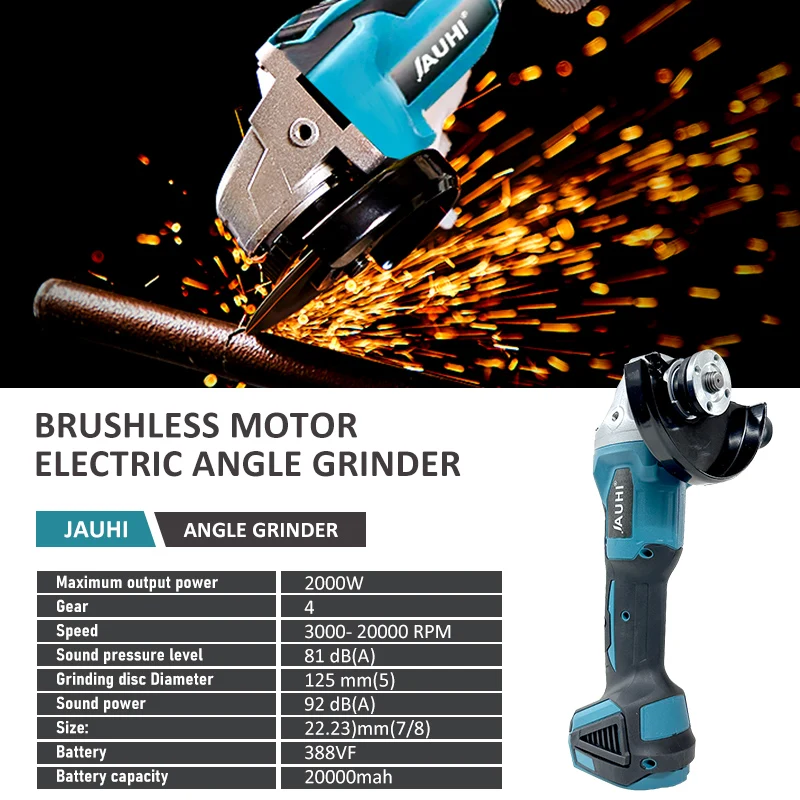 JAUHI 125MM Cordless Electric Angle Grinder Brushless Variable Speed for Makita 18v Battery Grinder Cutting Machine Power tools