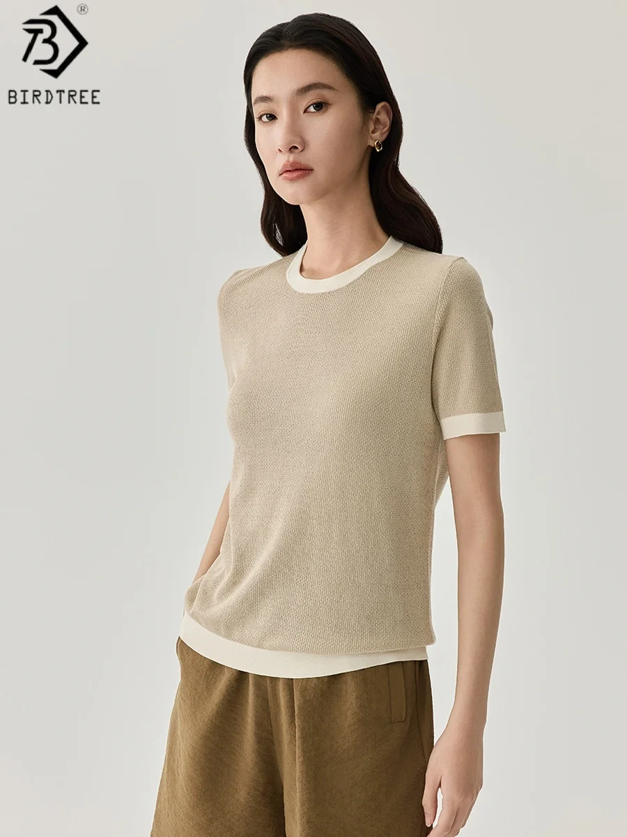 

Birdtree, 70% Silk 30% Cotton T shirt, O-neck Soft Basics Tops, Women Short Sleeve Shirt, Jacquard, 2026 Spring New T62227JF