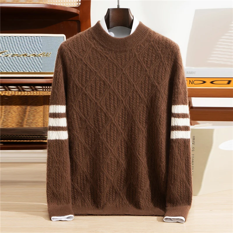 

Мужской пуловер из 100% чистого кашемира, повседневный однотонный вязаный свитер с геометрическим рисунком, свободный топ с полувысоким воротником, толстый и теплый джемпер
