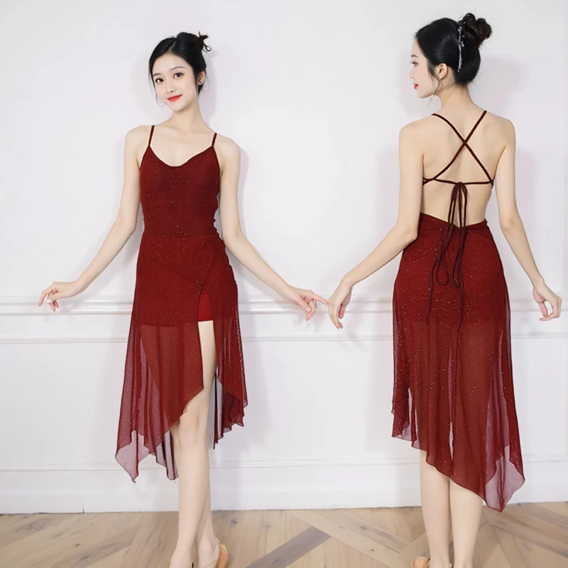 Damska Sukienka Baletowa Liryczna Latin Dance Kostium Występ Bez Rękawów Odkryte Plecy z Dziurką na Guzik Błyszczące Dżety Rozcięcie Boczne Siateczkowa Sukienka Maxi