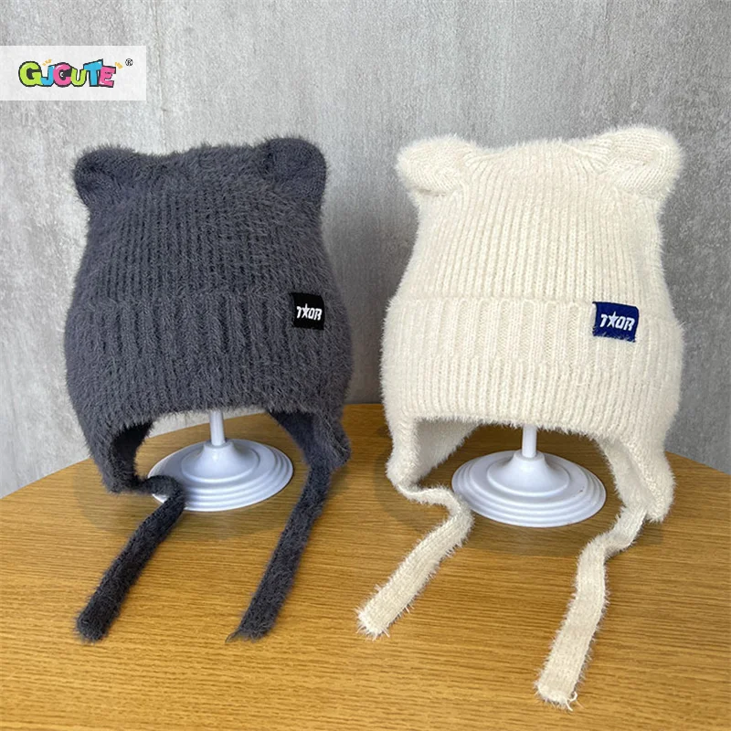 Cappello invernale da donna con paraorecchie per orecchie di gatto carino Moda berretto lavorato a maglia antivento stile Kpop Cappelli a cuffia morbidi Cappellini streetwear color caramella