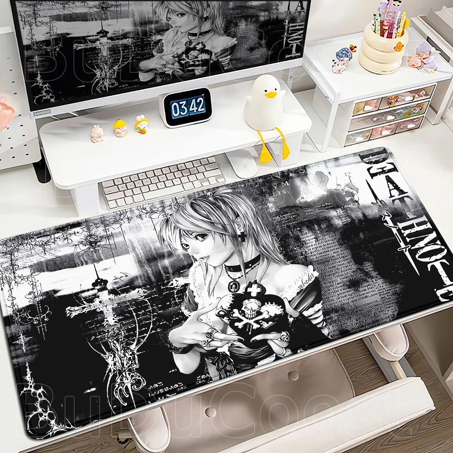 Dark Anime Girl Mouse Pad Gothic Style Gaming Desk Mat Black and White Hand-drawn Anime Anime Girl Gaming Desk Mat