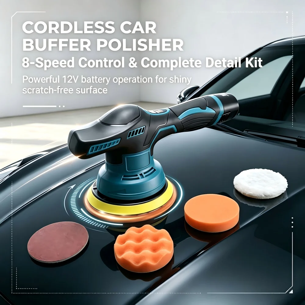 12V Cordless Car 8 Variable Speed Portable Polishing Waxing with Polishing Pads Kit Car Scratch Removal Lightweight Less Fatigue