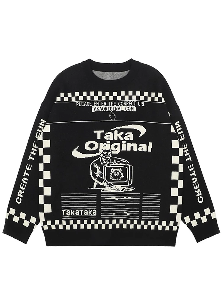 Men\'s Sweater Oversized Loose Retro Pattern Harajuku Jumpers Long Sleeve Top Winter O-Neck Y2k Streetwear Pullover Knit Clothing