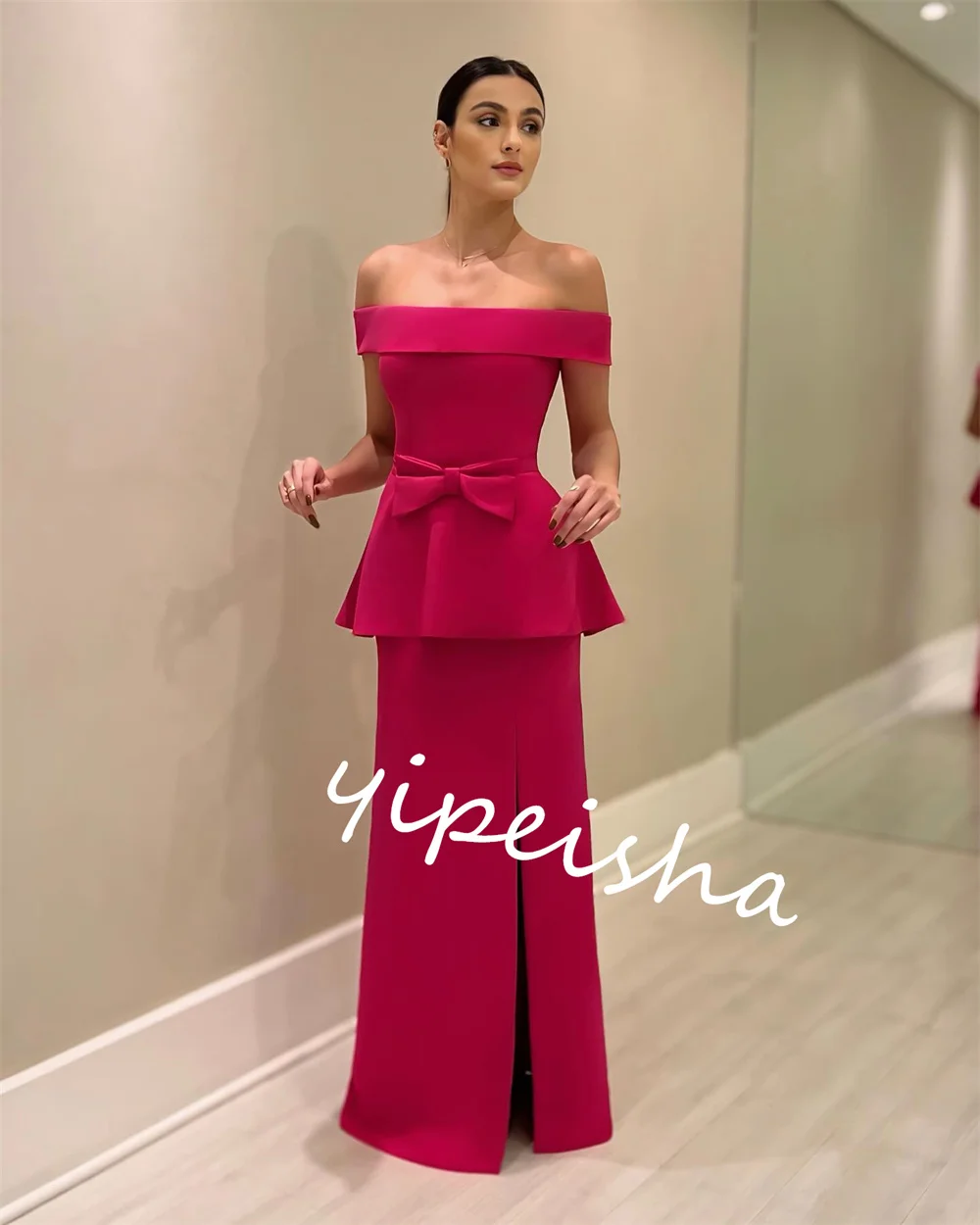 Jersey Bow Pleat Celebrity Straight Boat Neck Bespoke Occasion Gown Midi Dresses