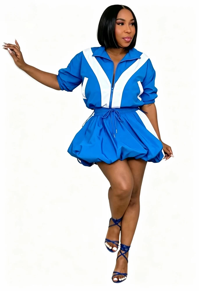 JENYAGE Damen 2-teiliges Outfit, Farbblock-Oberteil mit halbem Reißverschluss und Bubble-Minirock-Set, Kordelzug in der Taille, lässiger afrikanischer Streetwear-Anzug – Detail 10