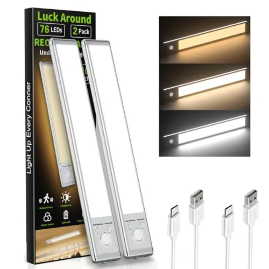 Under Cabinet Lighting, 2 Pack Motion Sensor Light Indoor, 76 LED USB Rechargeable Battery Operated, 3 Levels Dimmable Magnetic