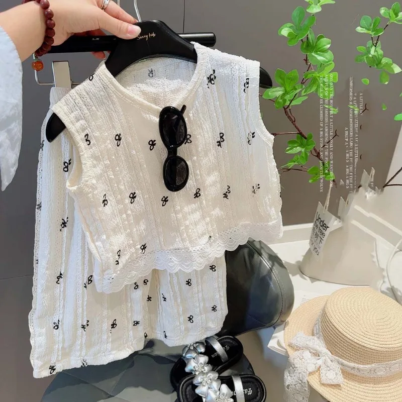 Summer 2-8Yrs Children Girls 2PCS Clothes Set RAISE Bow Lace Hem Kids Girls Vest Sutis Loose Casual Hole Wide Leg Pants Outfits