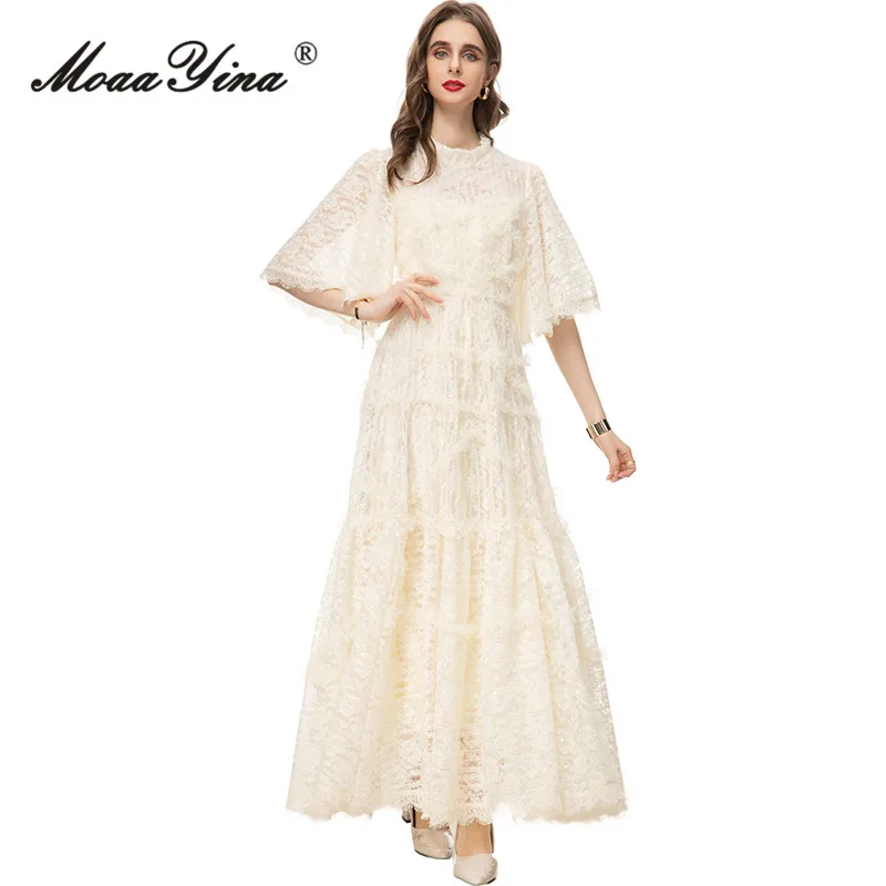 MoaaYina Spring Fashion Designer Beige Vintage Party Dress Women O Neck Half Sleeve Mesh Ruffles Lace High Waist Slim Long Dress