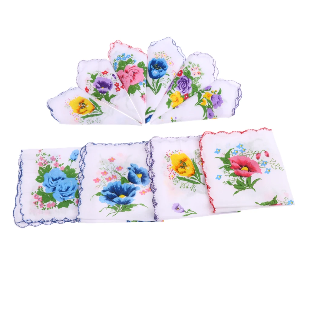 10pcs Women Cotton White Handkerchiefs Assorted Colourful Flowers Gift