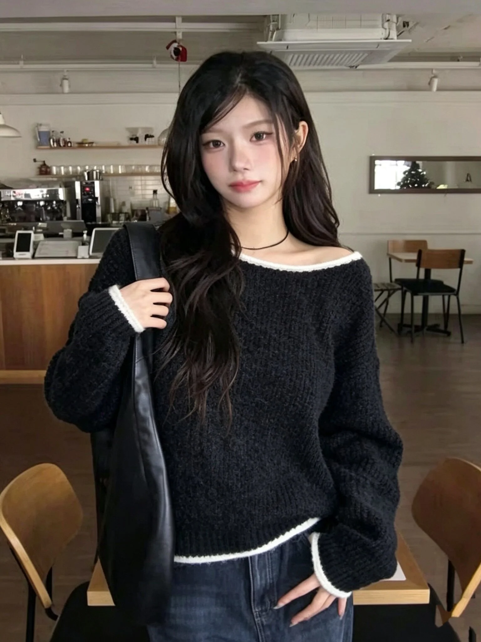 Loose Shoulder Bared Color Block Sweater Chic College Style Autumn Winter Women's Fashion Korean Street Style V-Neck Long Sleeve