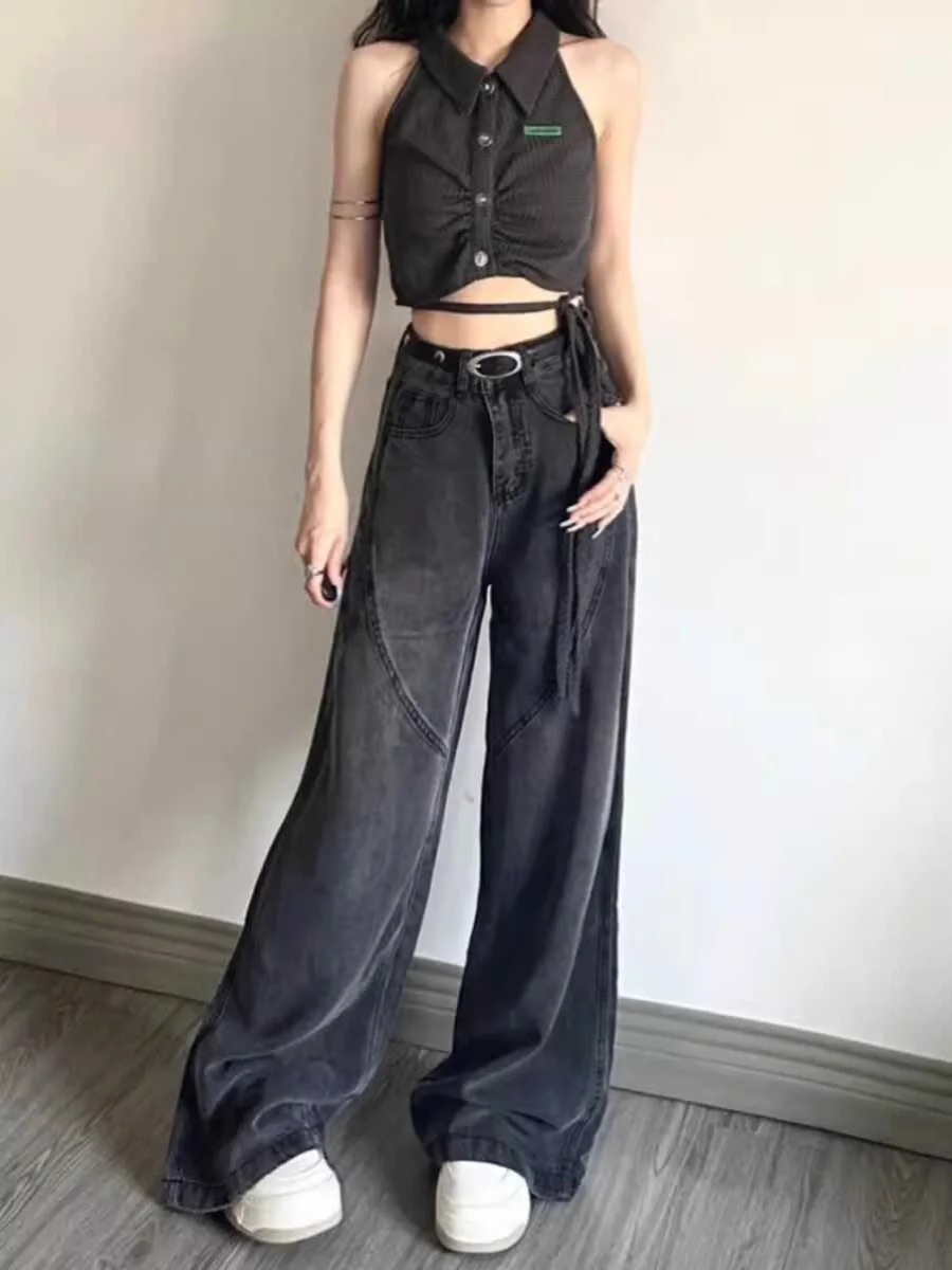

Black High Waist Straight Leg Jeans Women's Spring Autumn New Style American Retro Loose Slimming Drapey Wide Leg Floor-Lengt...
