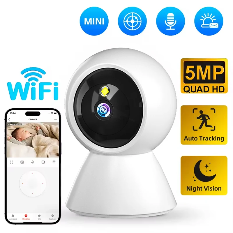 

5 МП Wi-Fi камера для умного дома, беспроводная IP-камера видеонаблюдения для помещений, с ИИ-детектором и автоматическим отслеживанием, функция радионяни, новинка 2026 года
