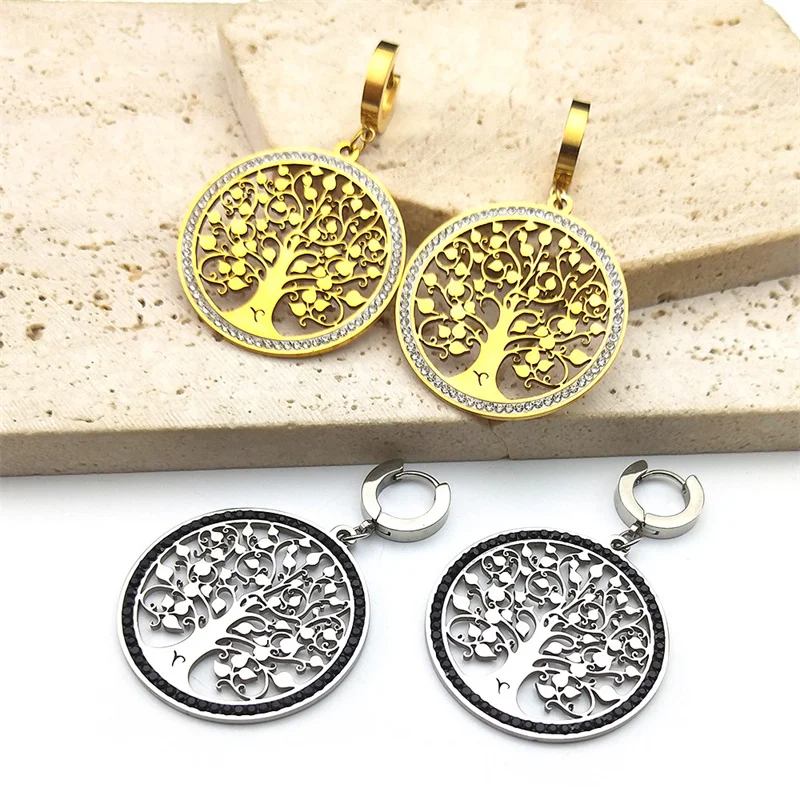 

Tree of Life Rhinestone Round Shape Earring for Women Men Stainless Steel Gold Color Amulet Gifts Jewelry E51