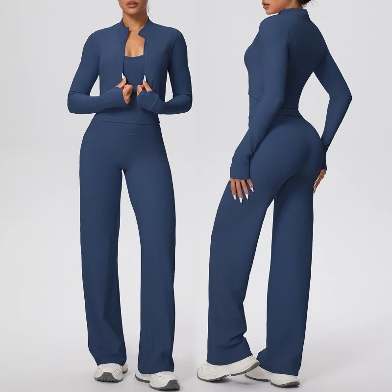 

Женский обтягивающий комплект для йоги, быстросохнущий облегающий жилет с широкими штанинами, длинный комплект из трех предметов, комплект для занятий спортом и отдыха на открытом воздухе, фитнес-набор