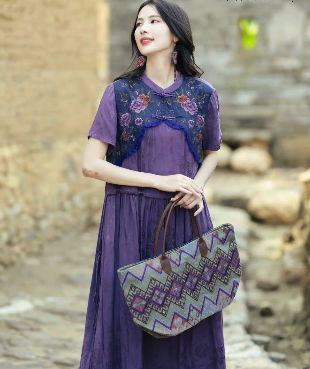 Chinese style summer dress Purple embroidered jacquard Long dresses Natural silk short vintage dresses Luxury women's clothing