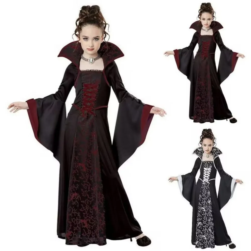 

Fantasy Vampire Cosplay Costume for Kids Dark Style Gothic Long Dress Girls Witch Role Play Suit Halloween Carnival Party