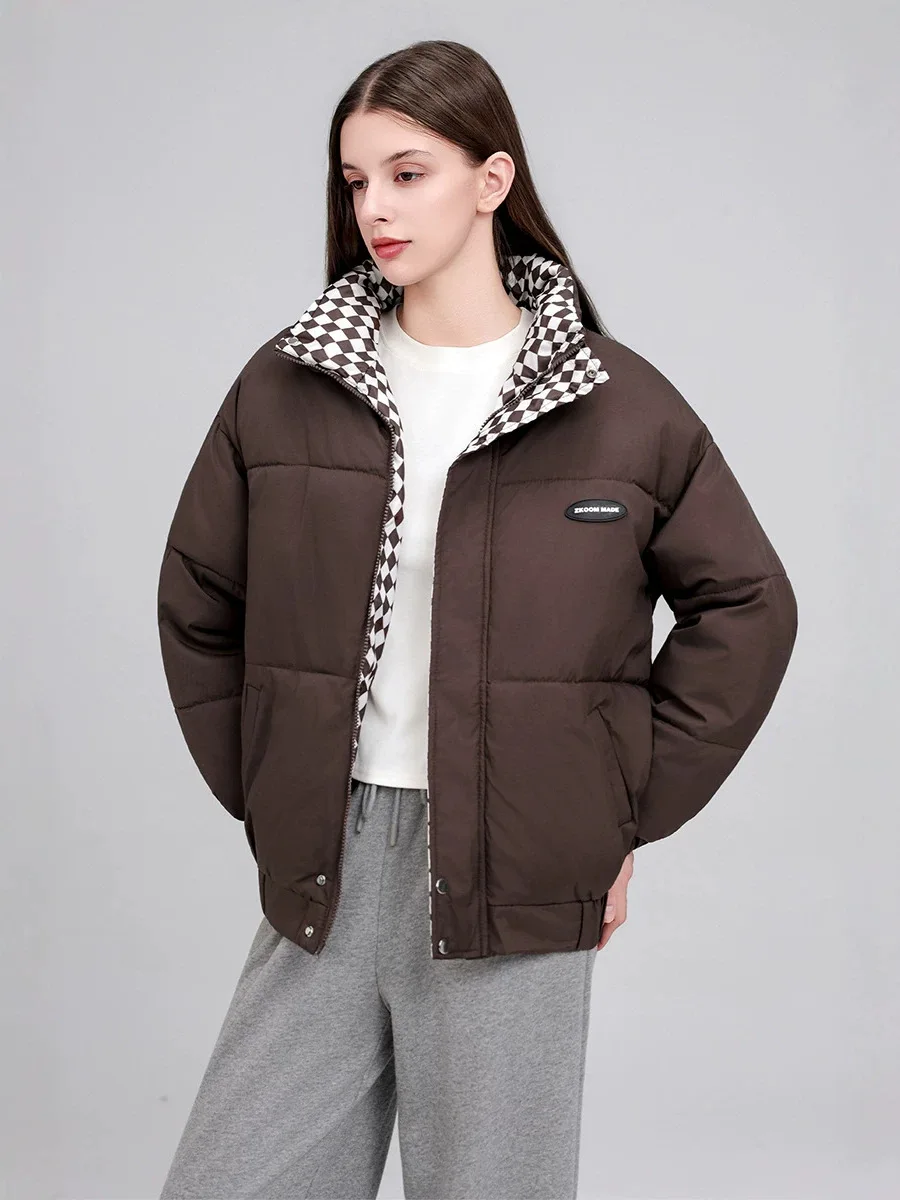 Retro Checkered Hooded Zip Up Padded Women's Winter Jacket Loose Thick Warm Street Daily Commute Travel Quilted Puffer Coat
