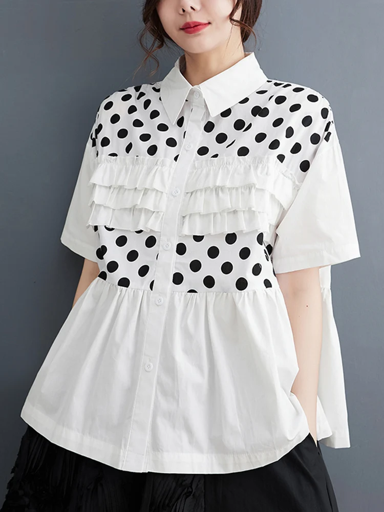 

Cotton White Vintage Ruffles Polka Dot Shirt Women New Lapel Short Sleeve Loose Casual Blouse Top Fashion Clothes Summer 2023