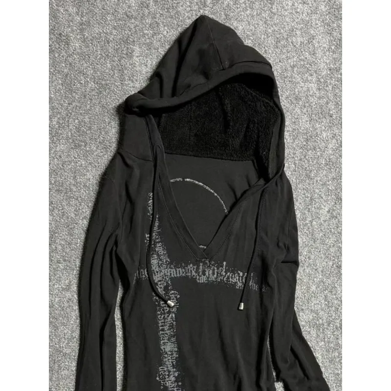 Autumn New Harajuku Style Black Long Sleeve Hoodies American Vintage Subculture Graphic Print Hoodie Women's Y2k Fashion Cloths