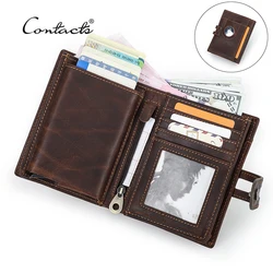 CONTACTS Genuine Leather Men Wallet Brand RFID Aluminum Box Card Holder Male Purse With Airtag Slot Design Zipper Coin Pocket
