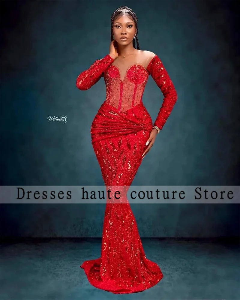 Aso Ebi Red Beaded Lace Evening Dresses 2024 African Women Wedding Party Dress Nigerian Mermaid Sequin Prom Gowns Robe De Bal