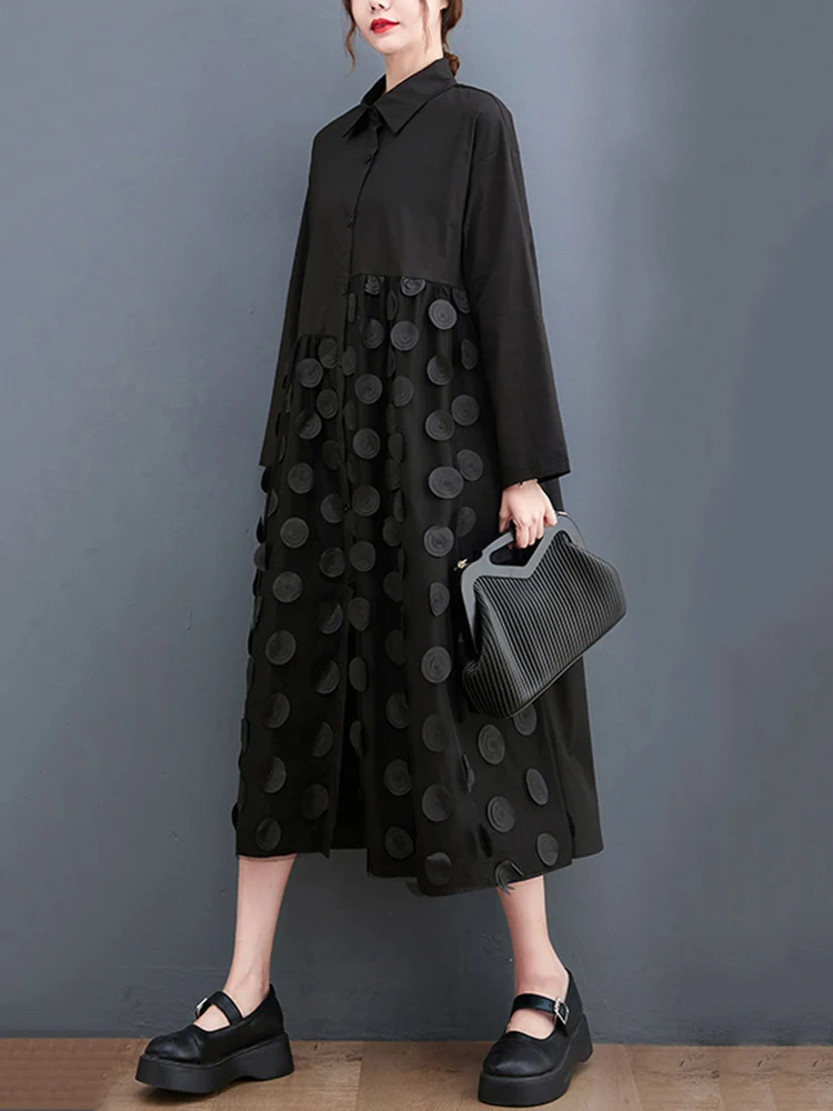 Polka Dot Mesh Patchwork Shirt Jurken Voor Vrouwen Nieuwe Losse Casual Lange Mouw Vintage Jurk Mode Kleding Lente Herfst 2025