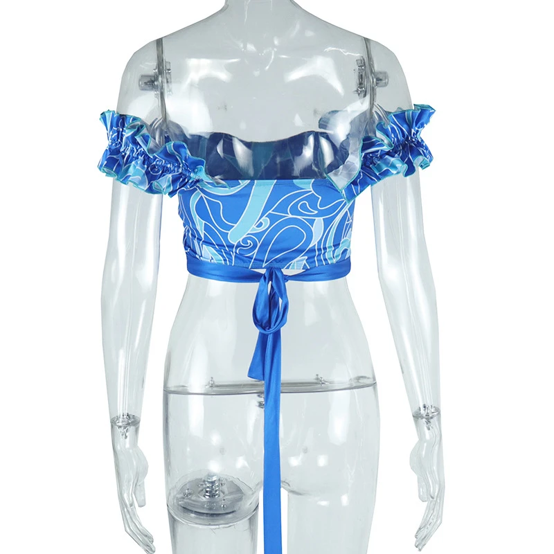 BKLD estampado estético cuello barco espalda descubierta fuera del hombro fruncido con cordones moda Sexy mujer verano Club calle Casual Crop Tops