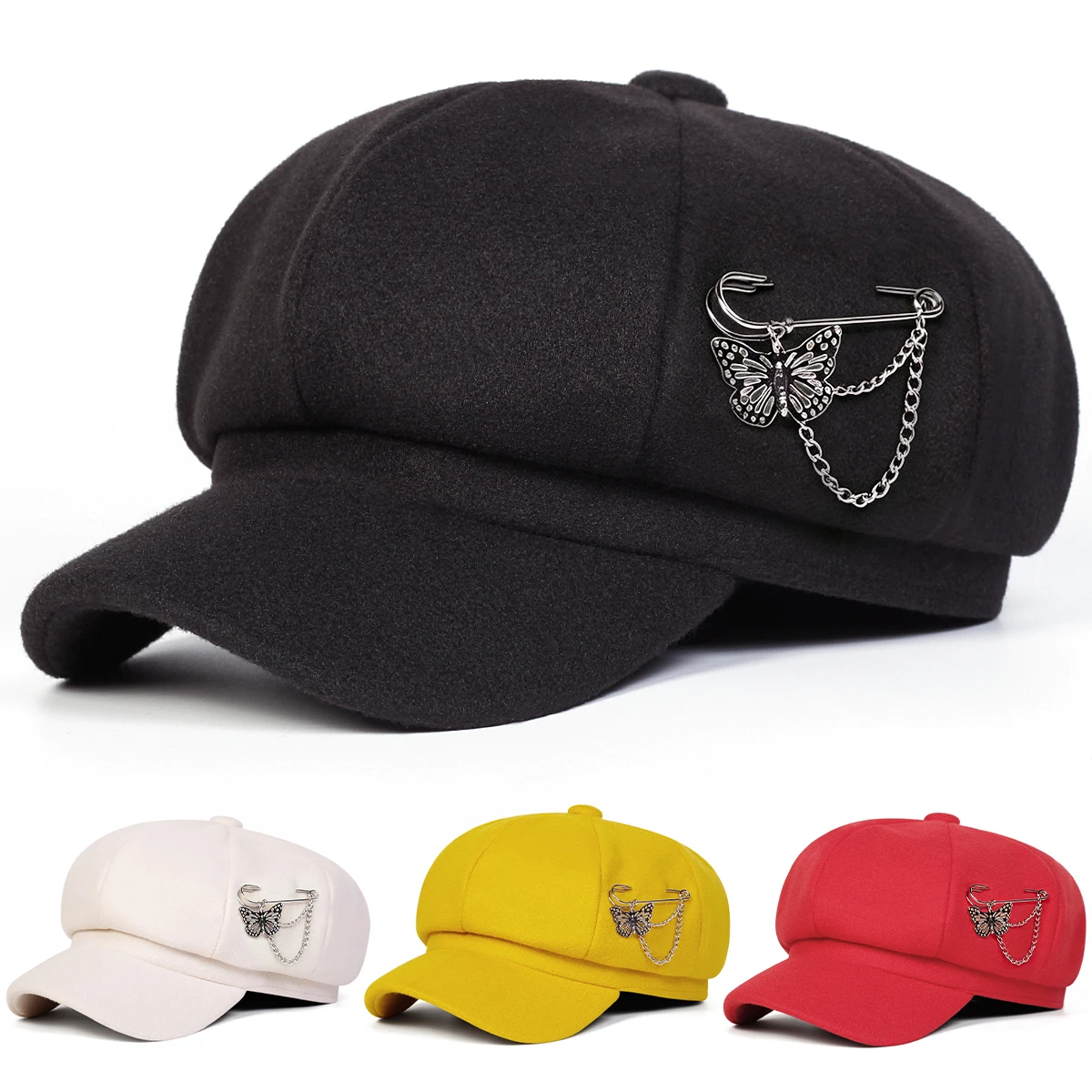 Unisex Butterfly Chain Pin Newsboy Hat Spring and Autumn Retro Beret Hats Wild Casual Hats Octagonal Cap