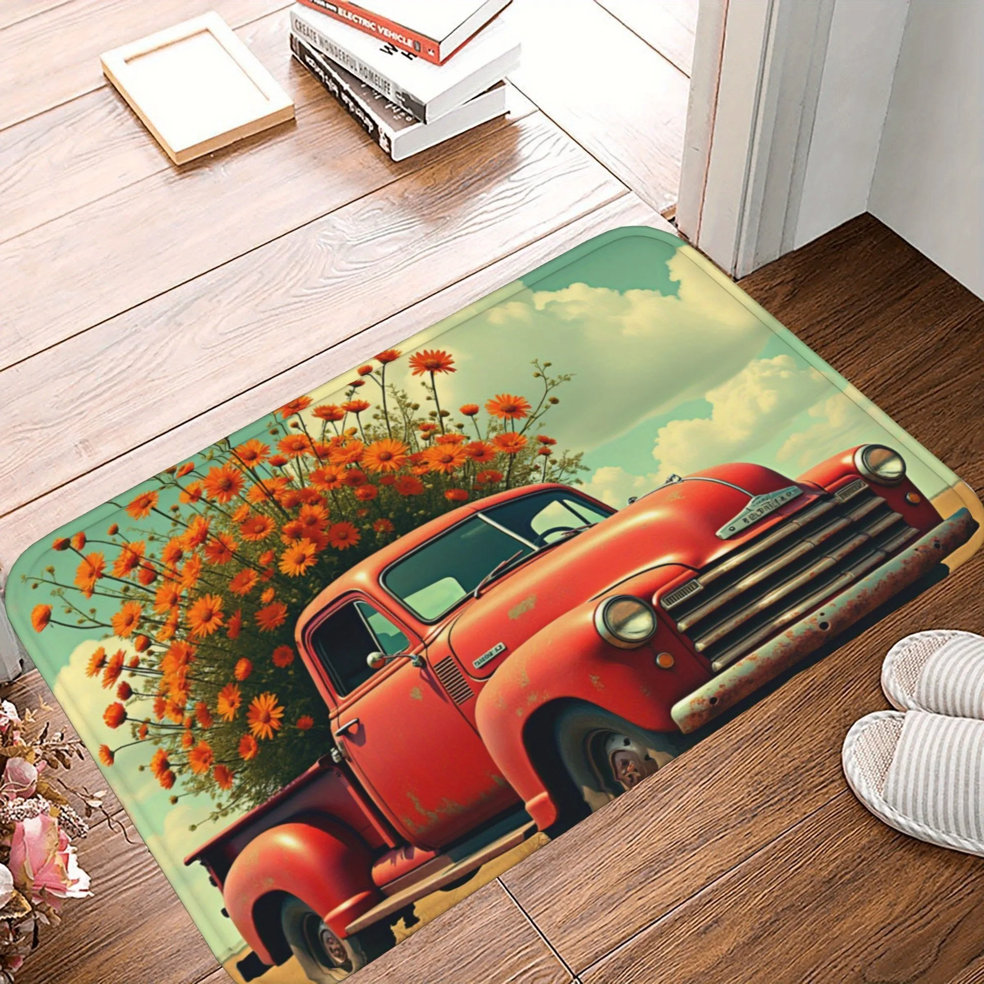 

1PC Rustic Red Pickup Kitchen Rug Non-Slip Door Mat Pop design Bathroom Rug Bath Mat Carpet for Home Sink Laundry Decoreeree