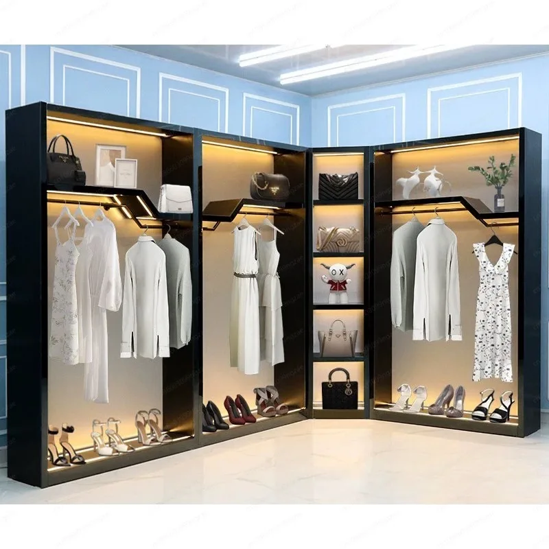 L-Shaped Corner Clothing Display Cabinet With LED Light Metal Frame Garment Rack For Boutique Clothing Store Shoes Bags Display