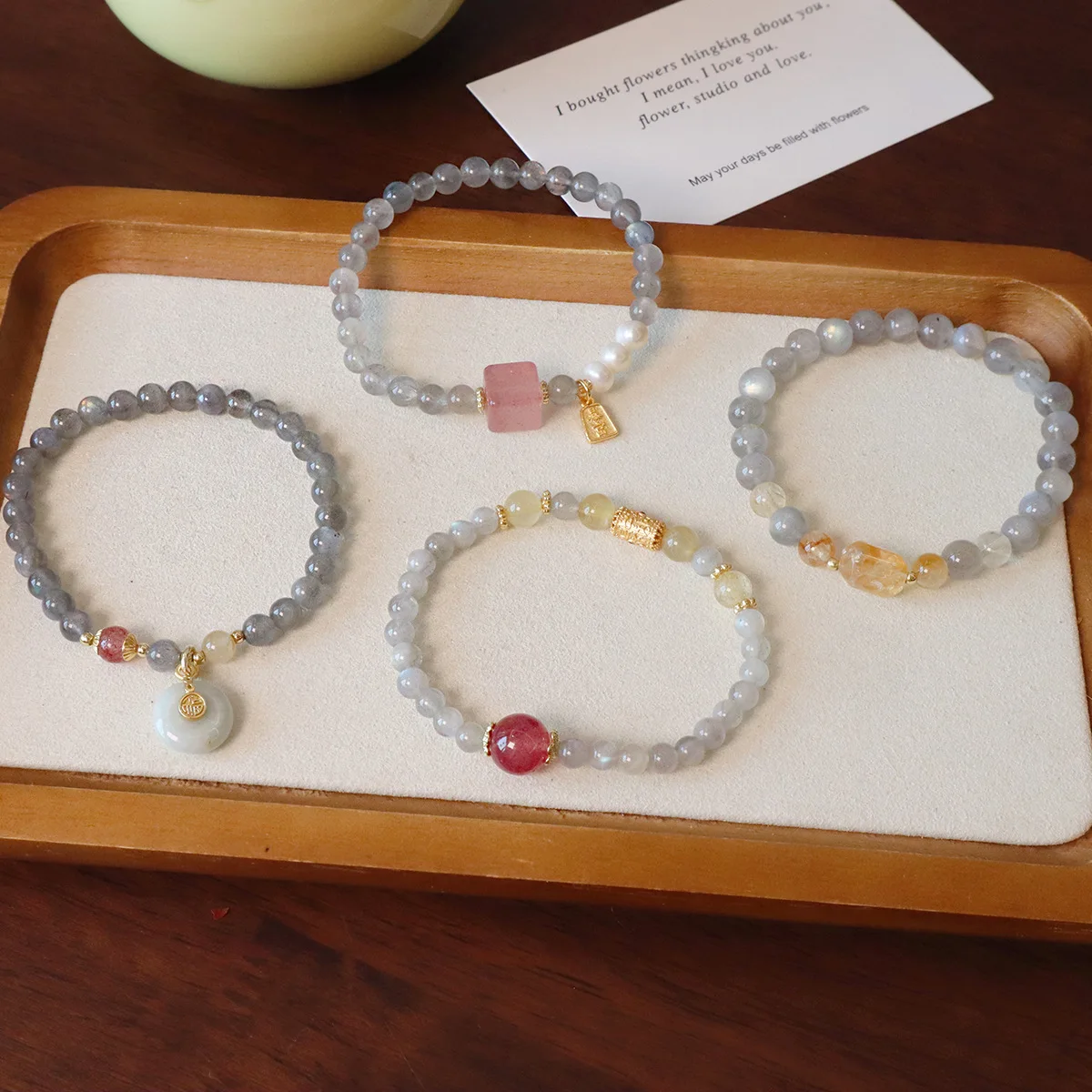 

6MM Grey Moonstone Bracelet with Citrine&Strawberry Quartz, Freshwater Pearl Beaded Elastic Jewelry, Boho Healing Gift for Women
