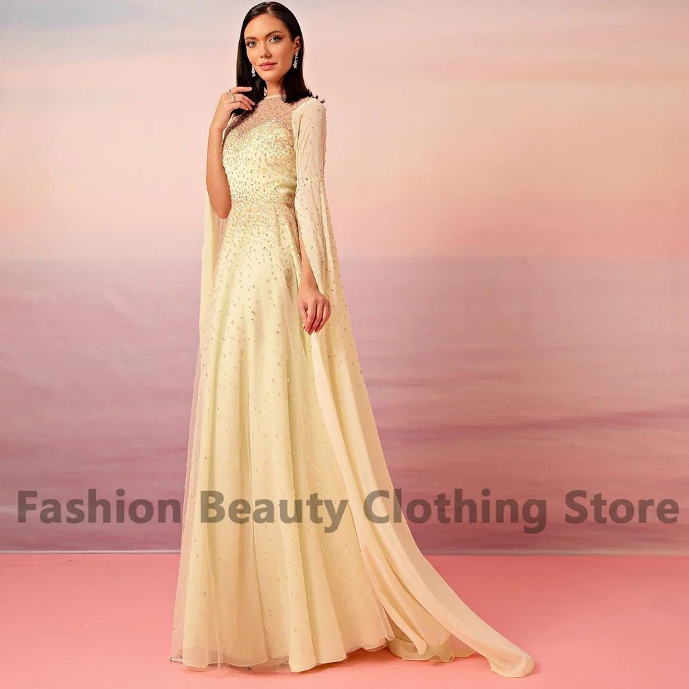 Exquisite Chiffon فساتين الحفلات Crew-Neck Draped With Beading Back Zipper Elegant Women\'s Sweep Train Robes De Soirees Dubai