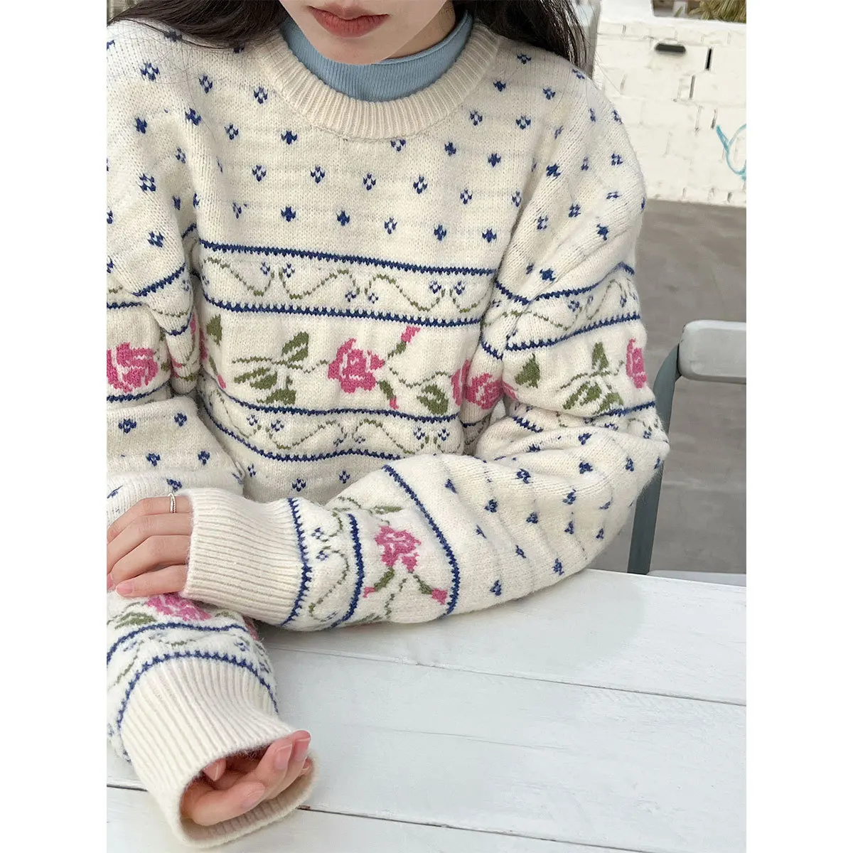 

Floral Round Neck Pullover Sweater For Women, Autumn Winter New Vintage Jacquard Loose Knit Tops