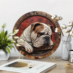 Aluminum Metal Sign Faux Stained Glass Circular Wreath Office Mother's Gifts English Bulldog Themed Decoration