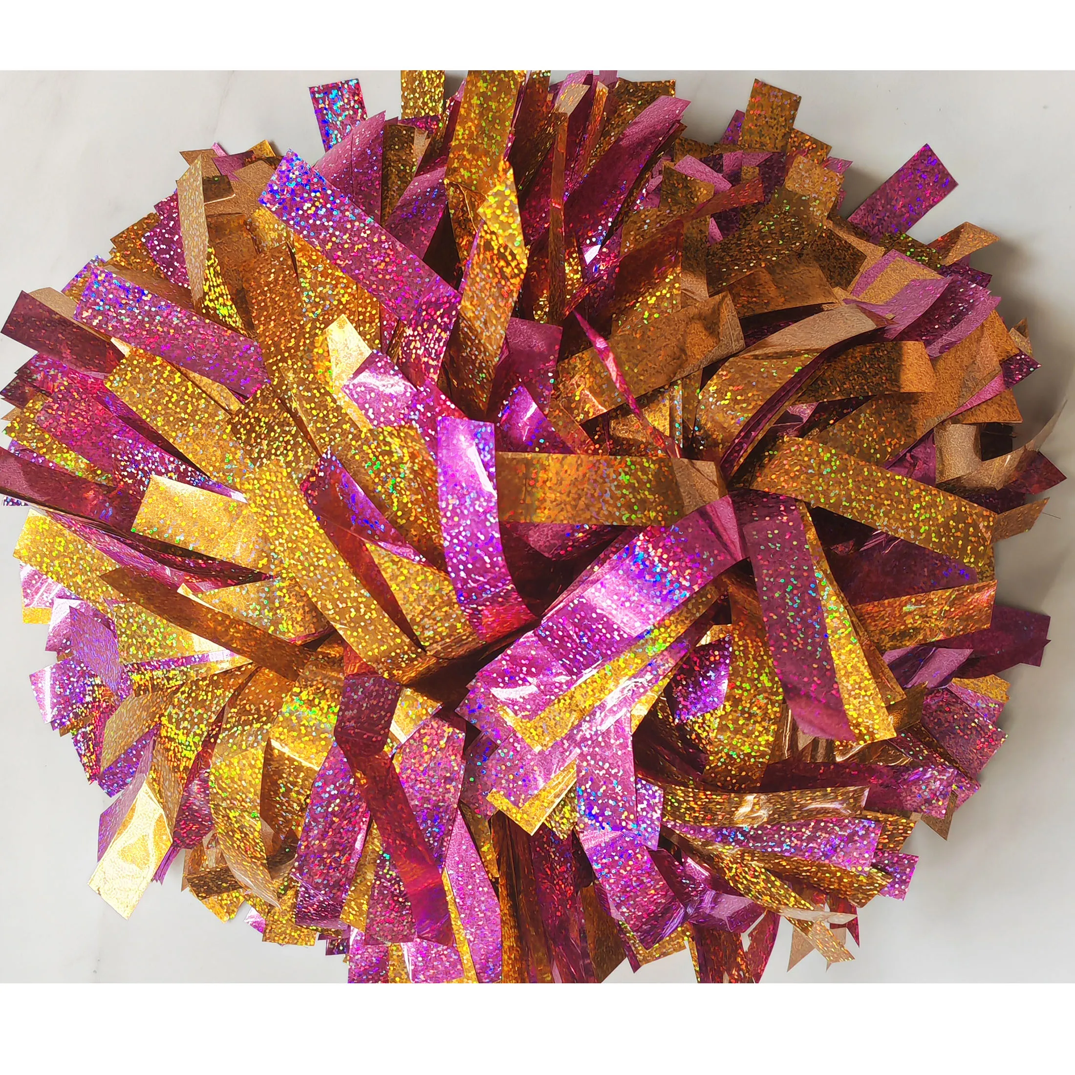 

Professional Custom POM POM,Metallic Cheerleader POM,Pink holographic gold holographic mixed,3/4 "x 6"