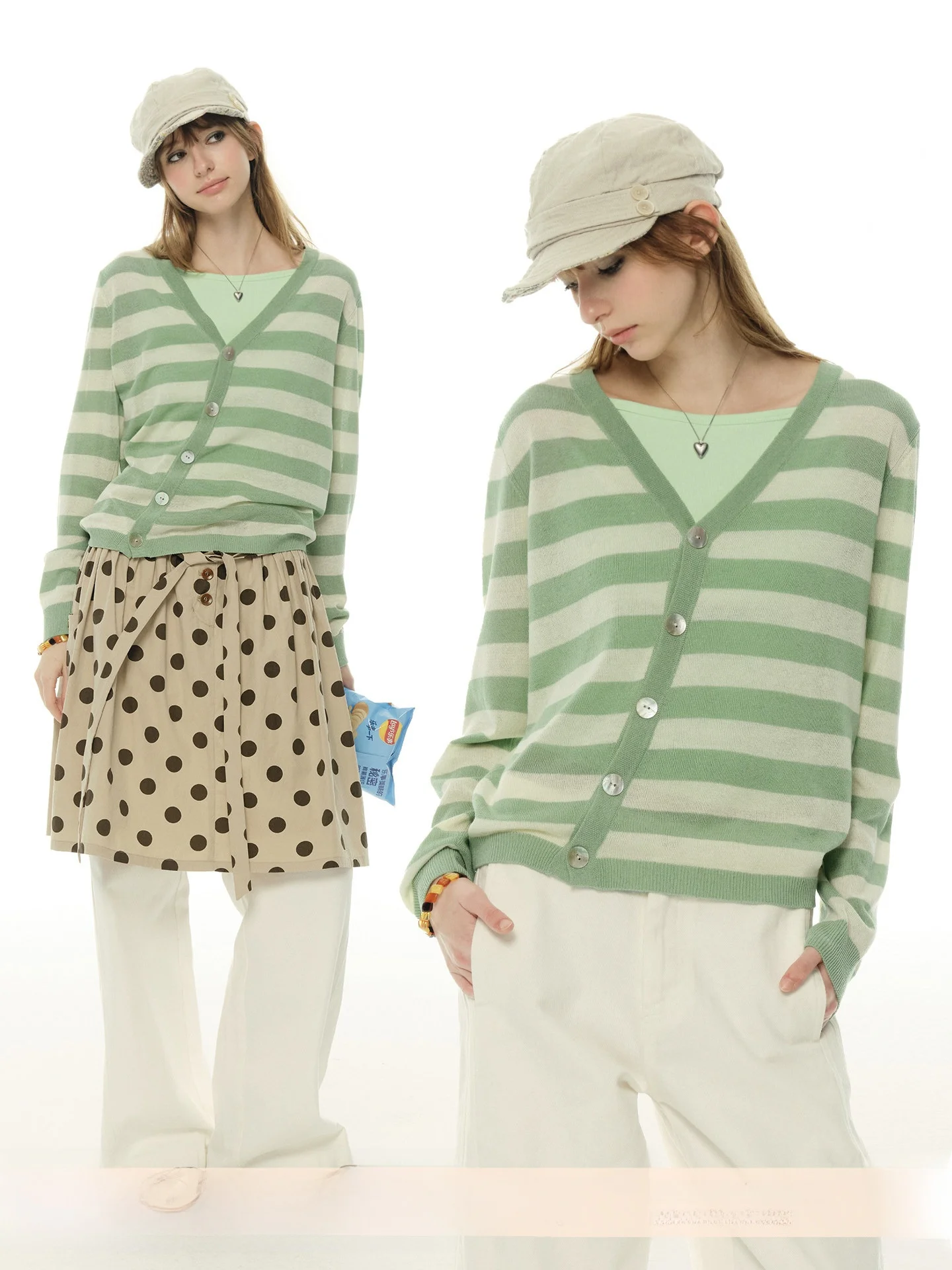 

UNRETRO Vintage American Sle Long Sve V-Ne Knitted Cardigan Women's Spring Autumn een Striped Open Front Sweater